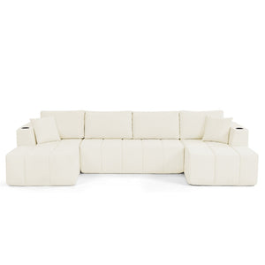 English Elm 132" U-shaped Chenille Cloud Sectional Plush Modular Lounge Sofa with Cup Holders Beige W5802S00016