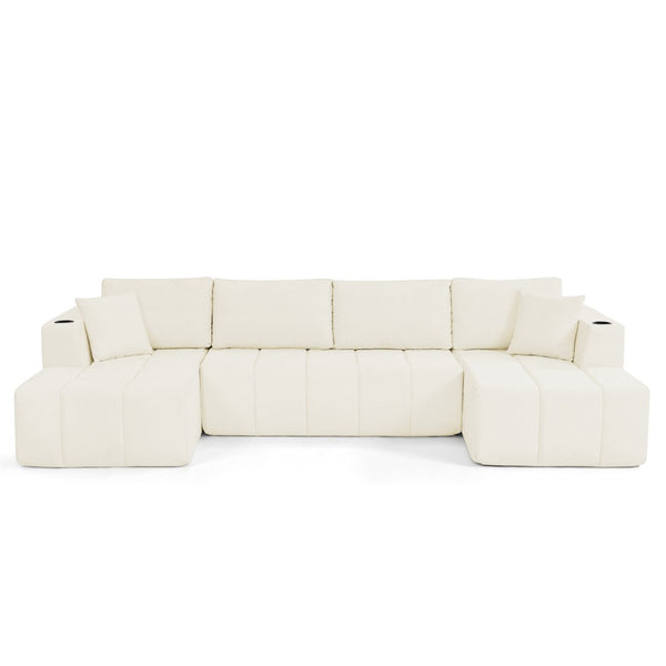 English Elm 132" U-shaped Chenille Cloud Sectional Plush Modular Lounge Sofa with Cup Holders Beige W5802S00016