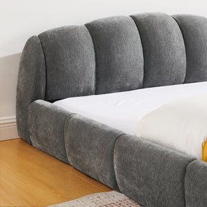 English Elm Queen Chenille Upholstered Platform Bed Curved Segmented Headboard Low Profile Frame Dark Grey W5802S00017