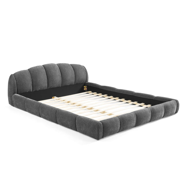 English Elm Queen Chenille Upholstered Platform Bed Curved Segmented Headboard Low Profile Frame Dark Grey W5802S00017