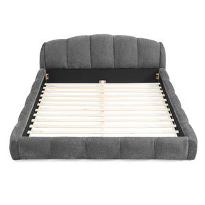 English Elm Queen Chenille Upholstered Platform Bed Curved Segmented Headboard Low Profile Frame Dark Grey W5802S00017