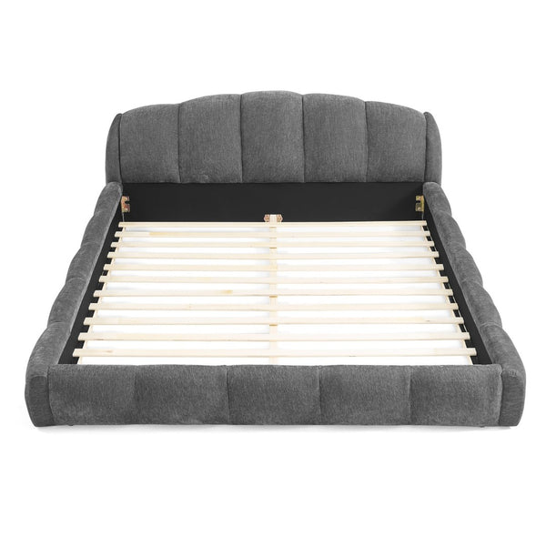 English Elm Queen Chenille Upholstered Platform Bed Curved Segmented Headboard Low Profile Frame Dark Grey W5802S00017