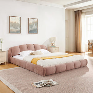 English Elm Queen Chenille Upholstered Platform Bed Curved Segmented Headboard Low Profile Frame Pink W5802S00019
