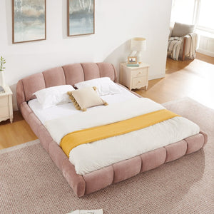 English Elm Queen Chenille Upholstered Platform Bed Curved Segmented Headboard Low Profile Frame Pink W5802S00019