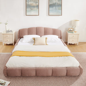 English Elm Queen Chenille Upholstered Platform Bed Curved Segmented Headboard Low Profile Frame Pink W5802S00019