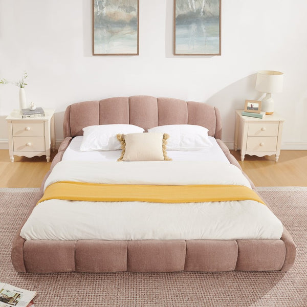 English Elm Queen Chenille Upholstered Platform Bed Curved Segmented Headboard Low Profile Frame Pink W5802S00019