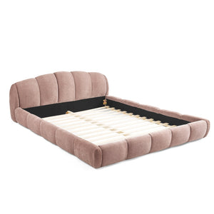 English Elm Queen Chenille Upholstered Platform Bed Curved Segmented Headboard Low Profile Frame Pink W5802S00019