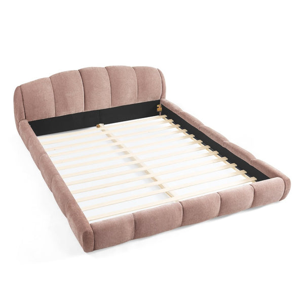 English Elm Queen Chenille Upholstered Platform Bed Curved Segmented Headboard Low Profile Frame Pink W5802S00019