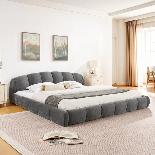 English Elm King Chenille Upholstered Low Profile Platform Bed Curved Padded Headboard Bedroom Dark Grey W5802S00020