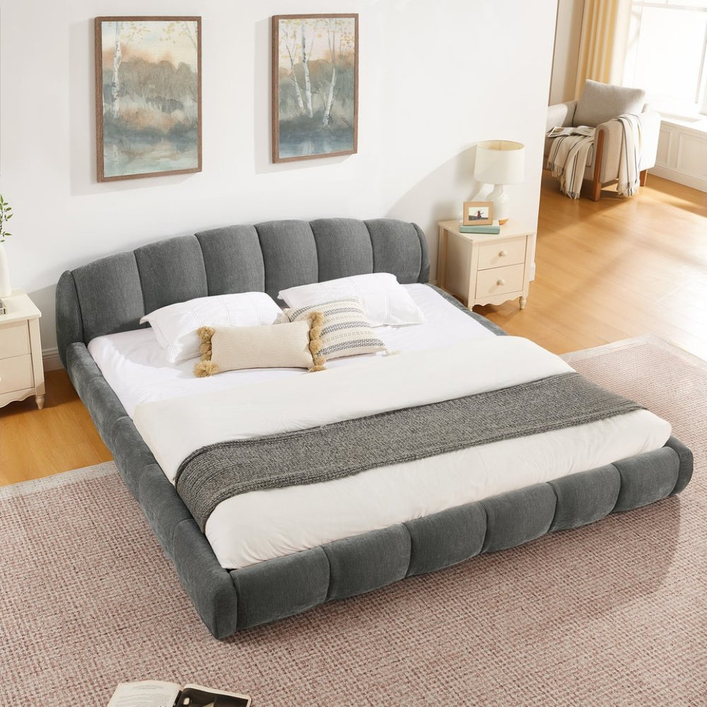 English Elm King Chenille Upholstered Low Profile Platform Bed Curved Padded Headboard Bedroom Dark Grey W5802S00020