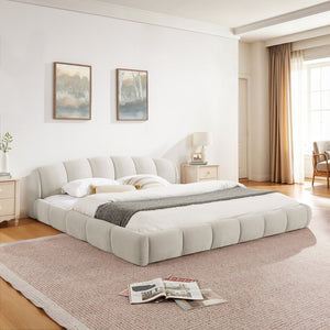 English Elm King Chenille Upholstered Low Profile Platform Bed Curved Padded Headboard Bedroom Beige W5802S00021