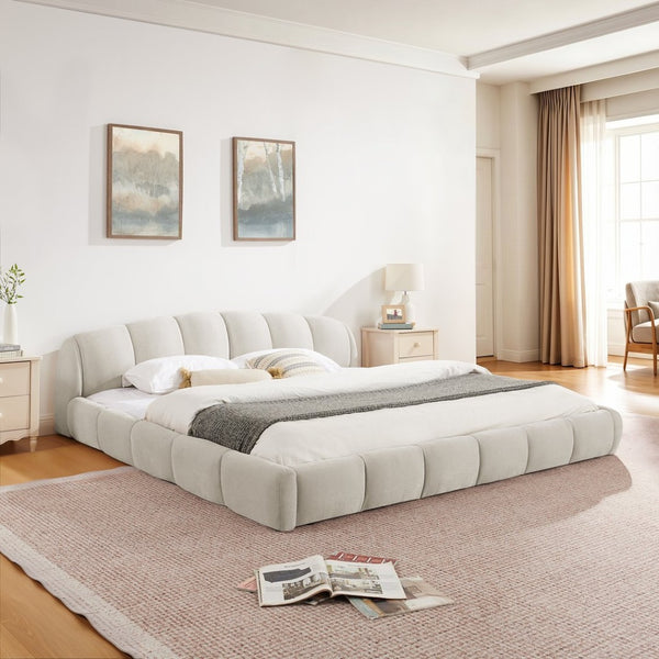 English Elm King Chenille Upholstered Low Profile Platform Bed Curved Padded Headboard Bedroom Beige W5802S00021