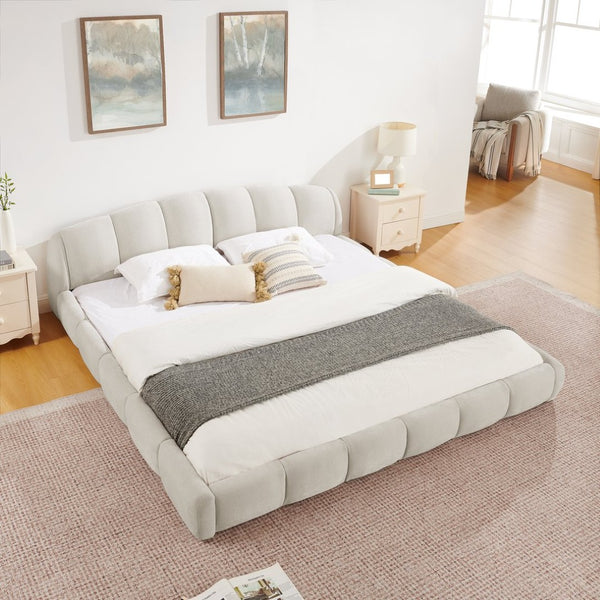 English Elm King Chenille Upholstered Low Profile Platform Bed Curved Padded Headboard Bedroom Beige W5802S00021