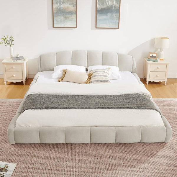 English Elm King Chenille Upholstered Low Profile Platform Bed Curved Padded Headboard Bedroom Beige W5802S00021