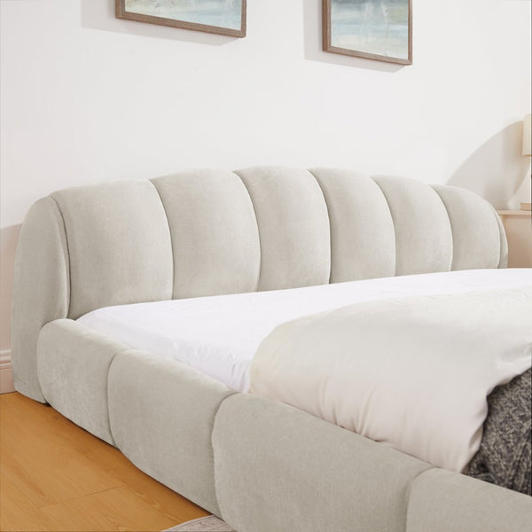 English Elm King Chenille Upholstered Low Profile Platform Bed Curved Padded Headboard Bedroom Beige W5802S00021