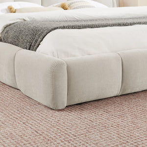 English Elm King Chenille Upholstered Low Profile Platform Bed Curved Padded Headboard Bedroom Beige W5802S00021
