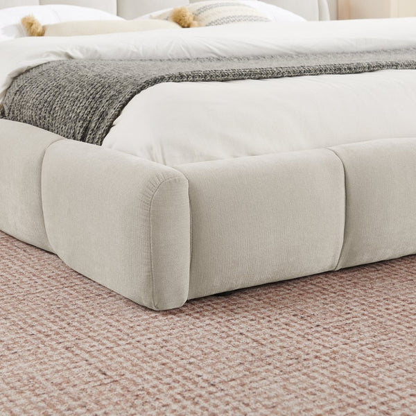 English Elm King Chenille Upholstered Low Profile Platform Bed Curved Padded Headboard Bedroom Beige W5802S00021