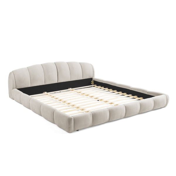 English Elm King Chenille Upholstered Low Profile Platform Bed Curved Padded Headboard Bedroom Beige W5802S00021