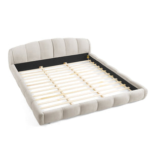 English Elm King Chenille Upholstered Low Profile Platform Bed Curved Padded Headboard Bedroom Beige W5802S00021