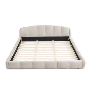 English Elm King Chenille Upholstered Low Profile Platform Bed Curved Padded Headboard Bedroom Beige W5802S00021