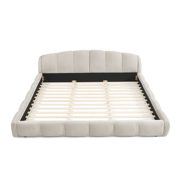 English Elm King Chenille Upholstered Low Profile Platform Bed Curved Padded Headboard Bedroom Beige W5802S00021