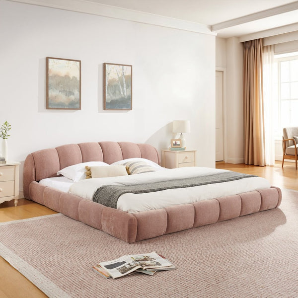English Elm King Chenille Upholstered Low Profile Platform Bed Curved Padded Headboard Bedroom Pink W5802S00022