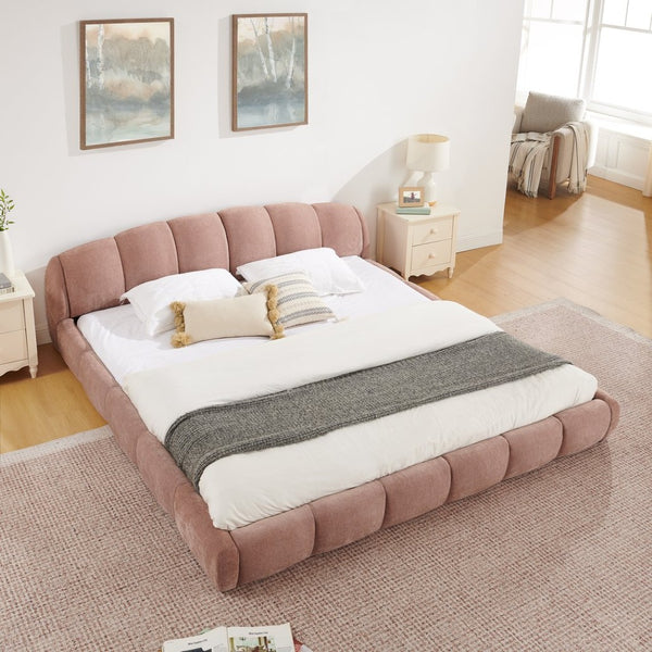 English Elm King Chenille Upholstered Low Profile Platform Bed Curved Padded Headboard Bedroom Pink W5802S00022
