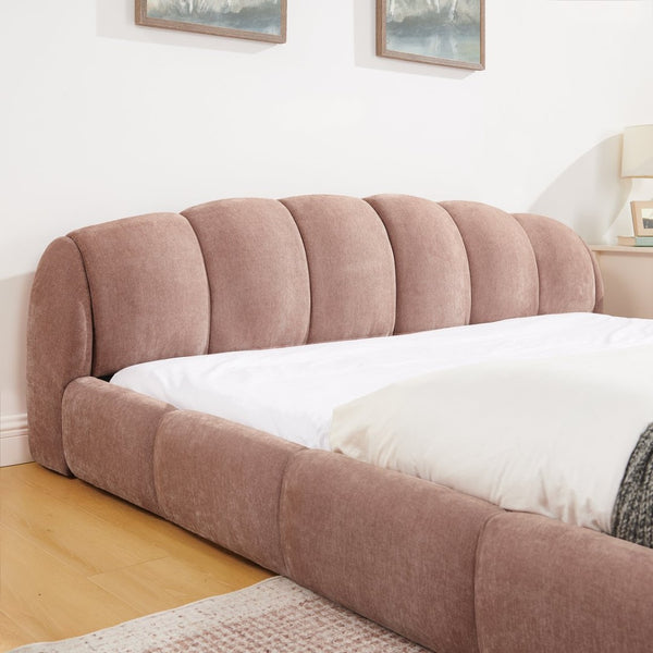 English Elm King Chenille Upholstered Low Profile Platform Bed Curved Padded Headboard Bedroom Pink W5802S00022