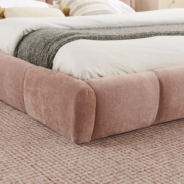 English Elm King Chenille Upholstered Low Profile Platform Bed Curved Padded Headboard Bedroom Pink W5802S00022