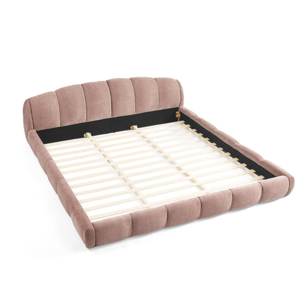 English Elm King Chenille Upholstered Low Profile Platform Bed Curved Padded Headboard Bedroom Pink W5802S00022
