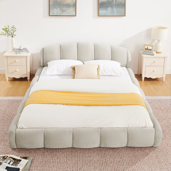 English Elm Queen Chenille Upholstered Platform Bed Curved Segmented Headboard Low Profile Frame Beige W5802S00023