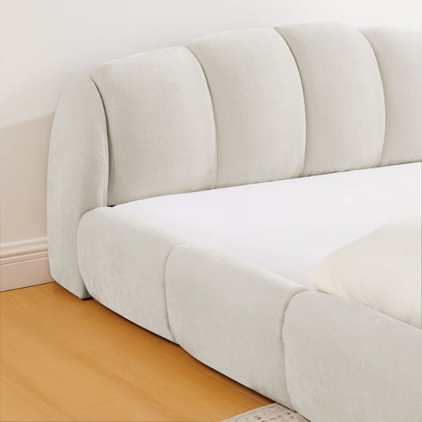 English Elm Queen Chenille Upholstered Platform Bed Curved Segmented Headboard Low Profile Frame Beige W5802S00023