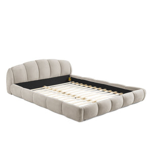 English Elm Queen Chenille Upholstered Platform Bed Curved Segmented Headboard Low Profile Frame Beige W5802S00023