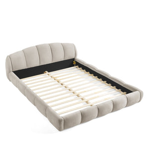 English Elm Queen Chenille Upholstered Platform Bed Curved Segmented Headboard Low Profile Frame Beige W5802S00023