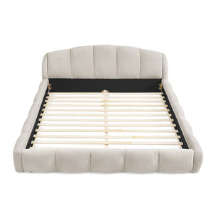 English Elm Queen Chenille Upholstered Platform Bed Curved Segmented Headboard Low Profile Frame Beige W5802S00023