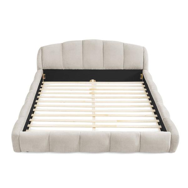 English Elm Queen Chenille Upholstered Platform Bed Curved Segmented Headboard Low Profile Frame Beige W5802S00023