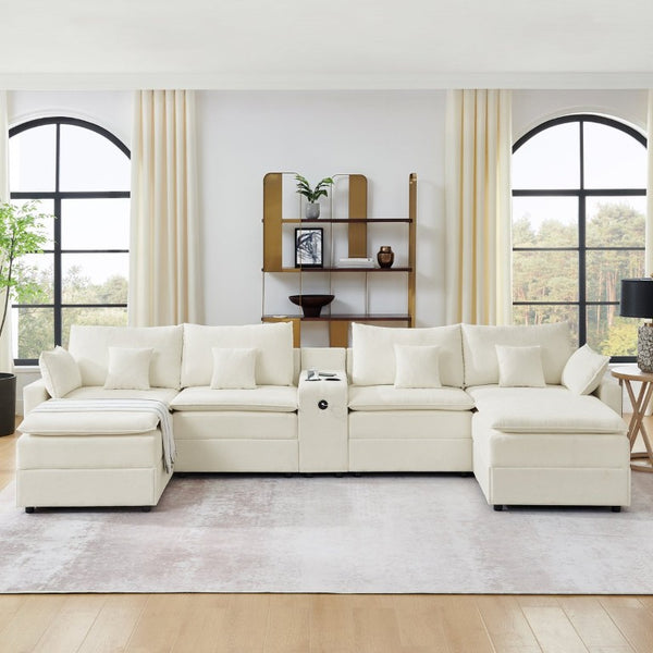 English Elm 143.8 Inch U-Shaped Chenille Sectional Sofa with Ottomans Console and USB Charging Beige W5802S00027