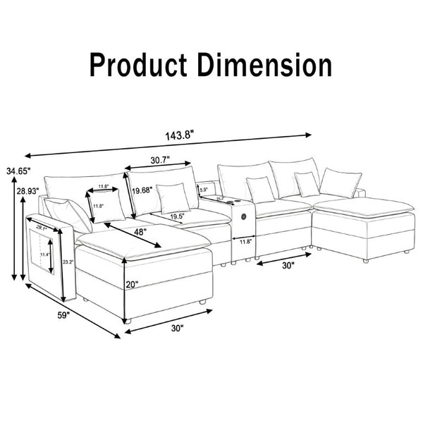 English Elm 143.8 Inch U-Shaped Chenille Sectional Sofa with Ottomans Console and USB Charging Beige W5802S00027