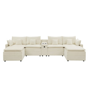 English Elm 143.8 Inch U-Shaped Chenille Sectional Sofa with Ottomans Console and USB Charging Beige W5802S00027