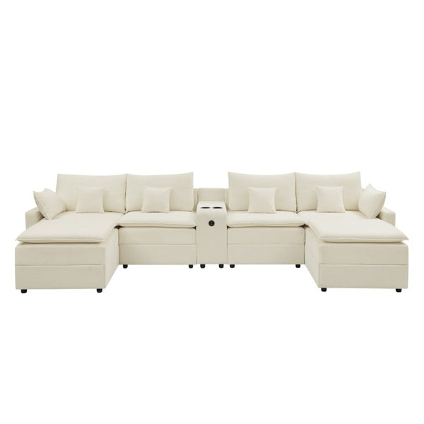 English Elm 143.8 Inch U-Shaped Chenille Sectional Sofa with Ottomans Console and USB Charging Beige W5802S00027