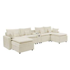 English Elm 143.8 Inch U-Shaped Chenille Sectional Sofa with Ottomans Console and USB Charging Beige W5802S00027