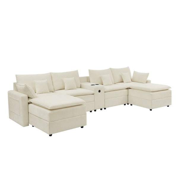 English Elm 143.8 Inch U-Shaped Chenille Sectional Sofa with Ottomans Console and USB Charging Beige W5802S00027