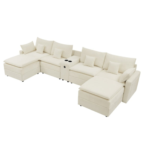 English Elm 143.8 Inch U-Shaped Chenille Sectional Sofa with Ottomans Console and USB Charging Beige W5802S00027