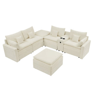 English Elm 143.8 Inch U-Shaped Chenille Sectional Sofa with Ottomans Console and USB Charging Beige W5802S00027