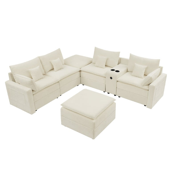 English Elm 143.8 Inch U-Shaped Chenille Sectional Sofa with Ottomans Console and USB Charging Beige W5802S00027