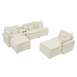 English Elm 143.8 Inch U-Shaped Chenille Sectional Sofa with Ottomans Console and USB Charging Beige W5802S00027