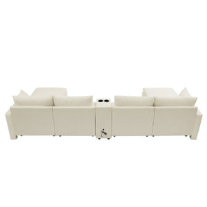 English Elm 143.8 Inch U-Shaped Chenille Sectional Sofa with Ottomans Console and USB Charging Beige W5802S00027