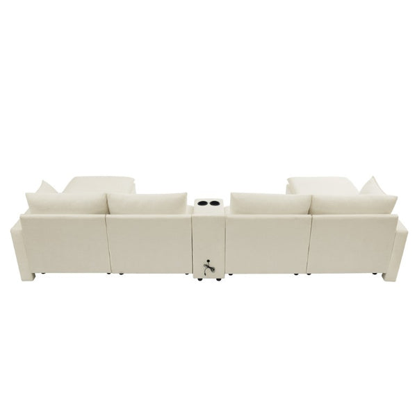 English Elm 143.8 Inch U-Shaped Chenille Sectional Sofa with Ottomans Console and USB Charging Beige W5802S00027
