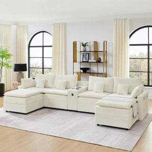 English Elm 143.8 Inch U-Shaped Chenille Sectional Sofa with Ottomans Console and USB Charging Beige W5802S00027