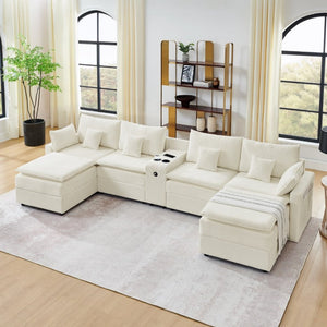 English Elm 143.8 Inch U-Shaped Chenille Sectional Sofa with Ottomans Console and USB Charging Beige W5802S00027